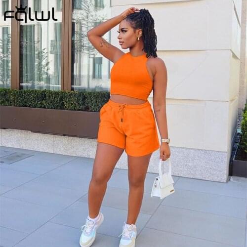 FQLWL Bodycon Streetwear 2 Two Piece Sets Womens Outfits Summer Sleeveless Crop Top Drawstring Biker Shorts Set Casual Tracksuit