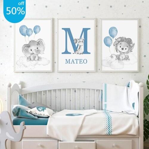 Cartoon Animals Lion Elephant Custom Babys Name Poster Canvas Painting Wall Decor Wall Art Picture Child Room Decor Home Decor