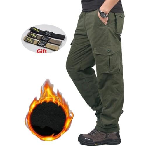 Mens Winter Fleece Cargo Pants Double Layer Casual Thick Warm Trousers Overalls Cotton Rip-Stop Military Tactical Baggy Pants