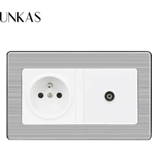 UNKAS Stainless Steel Brushed Panel Power Socket Grounded 16A French Standard Wall Socket + Female TV Outlet