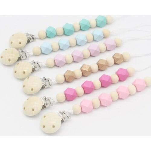 2019 Newest Silicone Teether Infant Toddler Pacifier Clip Chain Wooden Baby Soother Chain Nipple Holder Clips Baby Shower Gift