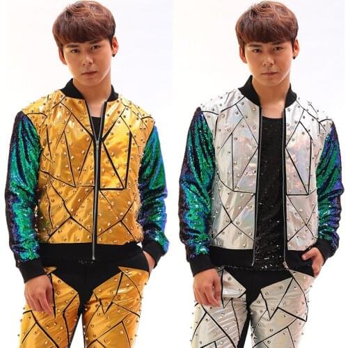 2016 New Novelty Mens Fashion sequins Laser Leather jacket pants Nightclub Male singer dancer stage show performance wear