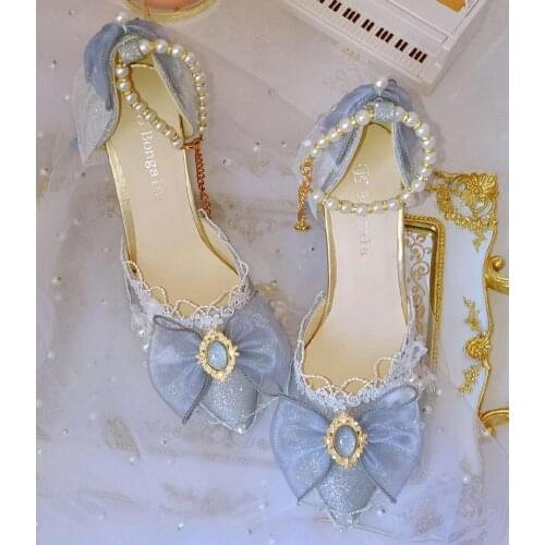 Princess kawaii shoes round head high heel Kawaii girl sweet lolita shoes pearl lace bowknot women shoes loli cosplay cos
