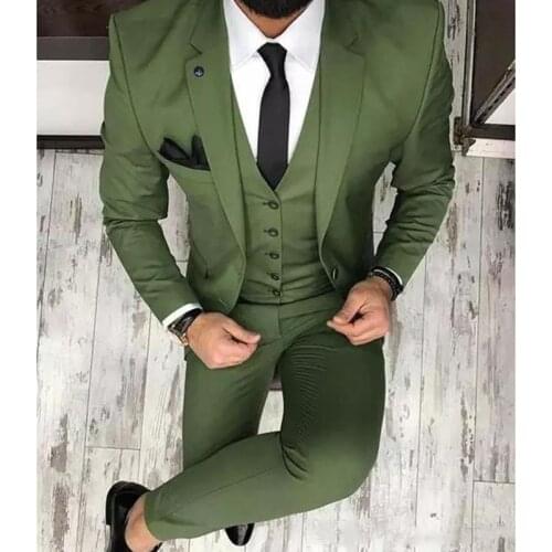 Olive Green Mens Suits 2021 For Groom Tuxedos Notched Lapel Slim Fit Blazer Three Piece Jacket Pants Vest Man Tailor Made Terno