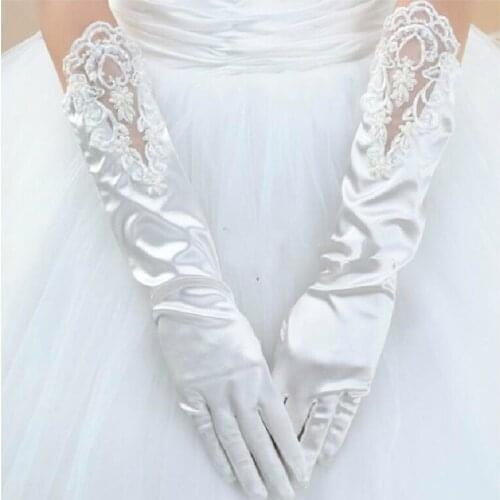 Ladies Cheap Wedding Gloves Long Bridal Glove Sheer Beading White Lace Gloves Finger Satin for Bride Accessoire Elbow Length
