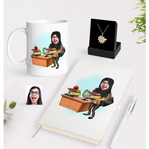 Personalized Women 'S Teacher Caricature Of White Mug Notebook pen And Is Daisy Necklace Gift Seti-8