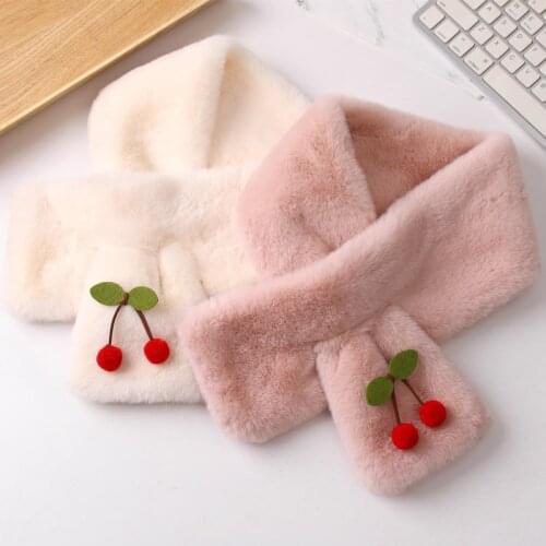 Warmer Winter Scarf Kids Girls Wrap Collar Scarf Imitation Rabbit Fur Cherry Cute Outdoor Wrap Cloth Christmas Gift for Children