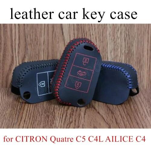 High quality car key case leather hand sewing car key cover fit for CITRON Quatre C5 C4L AILICE C4 QUATRE(2016) C3-XR(2015)