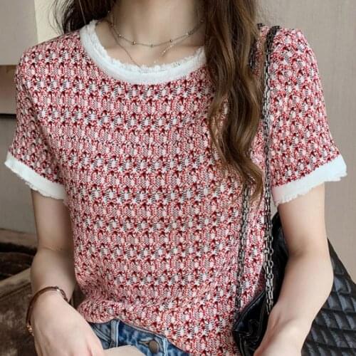Retro Summer Ice Silk Short Sleeve Women T-Shirts Tassel Button Patchwork Knitted Top