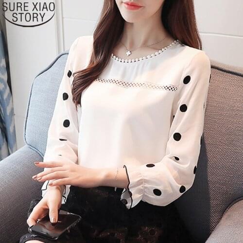 Women Blouse Shirt 2021 Chiffon Womens Clothing Long Sleeve Fashion Sweet O-neck Black Dot White Feminine Tops Blusas D383 30