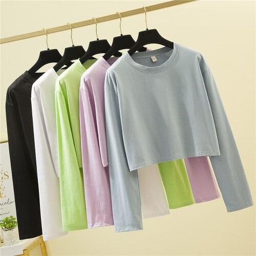 Women Crop T Shirts Autumn Simple Casual Basic Solid Long-sleeved Short Loose Round Neck Crop T-shirt Fashion High Quality Tops