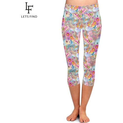 LETSFIND Fashion Beautiful Paisley Printing Women Plus Size Elastic Capri Leggings High Waist Slim Fitness Mid-Calf Leggings