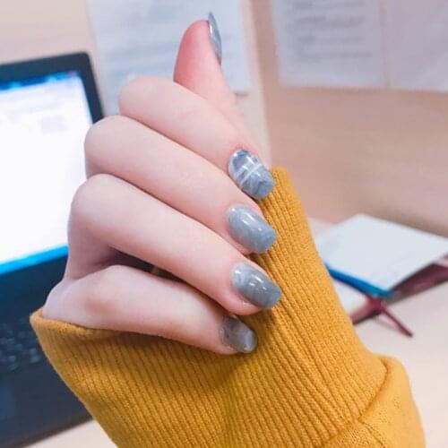 Women Simple Fashion False Nail French Short Full Cover Acrylic Nail Art Tips with Glue Girls Marble Design Grey Color Fake Nail