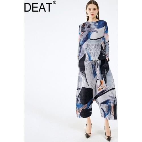 DEAT Pleated Suit Woman Graffiti Ink Print Full Sleeve Over Size Top + Wide Leg Drop Pants Casual Style 2021 New Autumn TX697