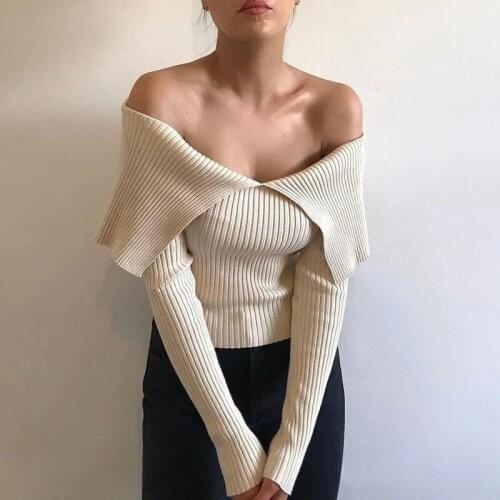 Women Sexy Casual Chic Elastic Slim-fit Knitted Tops Sweaters 2021 New Fitted Knit Sweater Exposed Shoulders Ins Style Jumpers