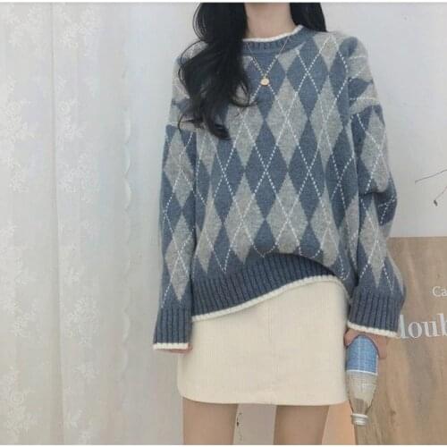 Vintage Sweater Women 2020 Winter Korean Style Argyle Plaid Long Sleeve Knitted Pullover Knitwear Casual Loose Jumper Tops