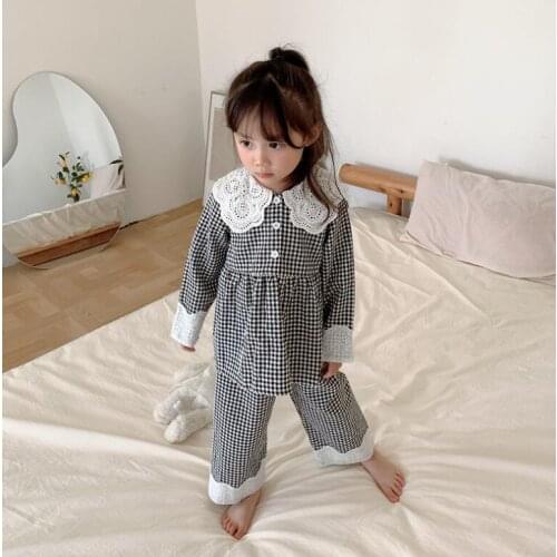 2021 new cotton girls boys 2 pcs set autumn plaid shirt +long pants soft kids suit