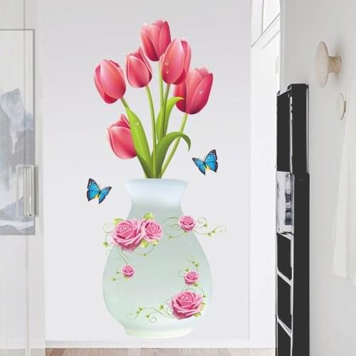 3D Tulip Vase Wall Stickers Flowers for Living Room Decoration Butterflies Art Decals Aesthetic Room Decor Entrance Wall Decor