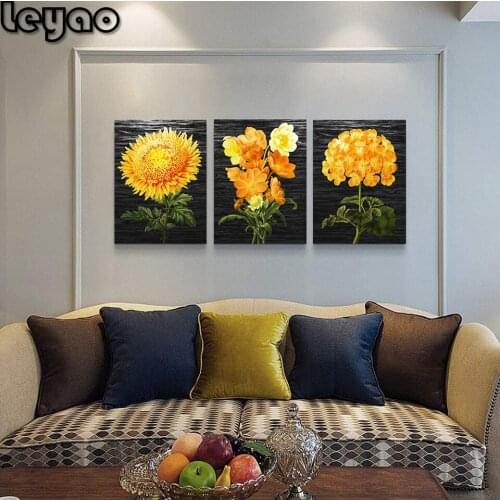 Sunflower diamond painting 5d, 3 piece office kitchen bathroom wall decoration black background yellow flower plant picture