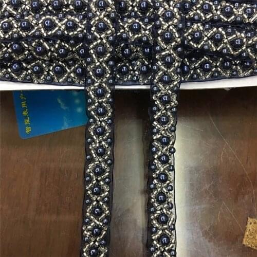 Free Shipping 2Yd 1.5cm Fake Pearl Beaded Lace Trim Black White Mesh Fabric Paillette Lace Beaded Trim Braid Lace Applique