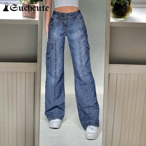 SUCHCUTE Multi Pocket Cargo Pants Women Casual Hight Waist Baggy Jeans Wide Leg Denim Clothing Lady Bule Trousers Streetwear 90s