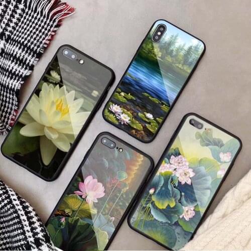 Lotus pond Tempered Glass Phone Case For iphone 12 11 Pro Max 5 6 7 8 X XS XR XSMax Shell 12Pro Max Cover Shell