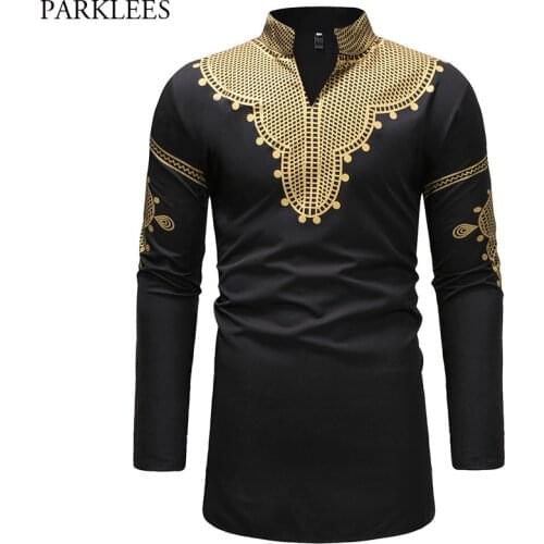 Black Longline African Dashiki Shirt Men 2018 Traditional Dashiki Long Sleeve Mandarin Collar Shirt Pullover Men Africa Clothing