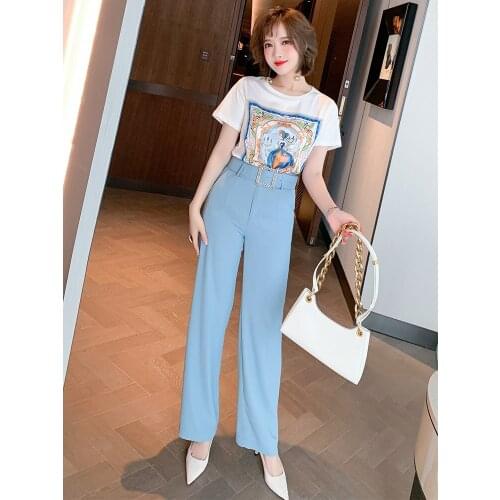 Commute OL style belt high waist solid color versatile straight pants womens wear 2021 Spring new