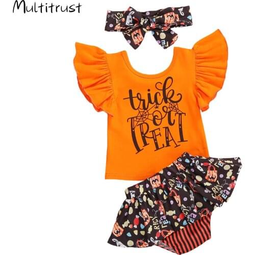 2020 Halloween Kids Girls Clothes Sets 0-3Y Flying Sleeve Cartoon Print Bodysuit Tops+ Shorts+Headband 3pcs