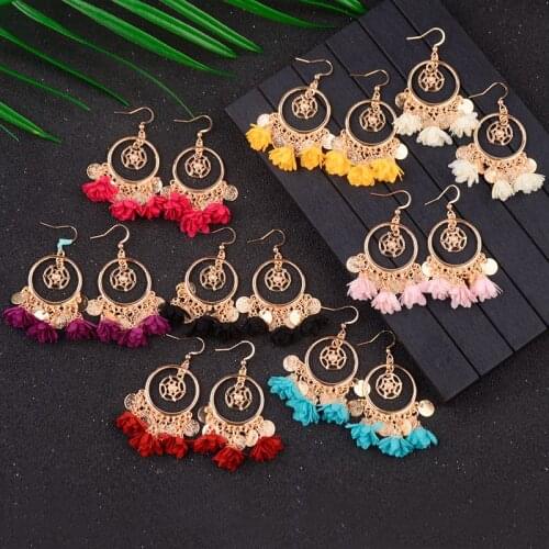 DOUVEI Vintage Bohemian 8 Color Round Dangling Earrings For Woman Fabric Flowers Earring Ethnic Fantasy Boucles D'oreille
