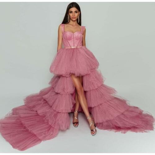 Pink Eleagant Exquisite Women Dress Tulle High Low Ruffles Layered Prom Dress Spaghetti Strap Evening Dress Custom Made