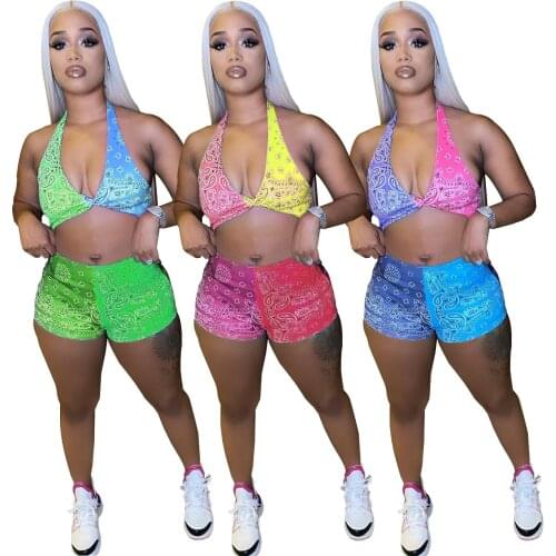 Adogirl Bandanna Print Two Piece Set Women Tracksuit Twist Backless Bra Crop Top Biker Shorts 2021 Summer Vacation Beach Outfits