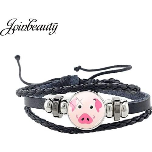 JOINBEAUTY Cartoon Pigs Picture Handmade Leather Bracelets for Women Weave Multi Layer Punk Animals Painting Charm Bracelet PG01