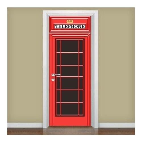 Creative Door Mural UK Red Telephone Booth Door Wrap For Kids Peel and Stick Door Decal Door Sticker Wallpaper Home Decor
