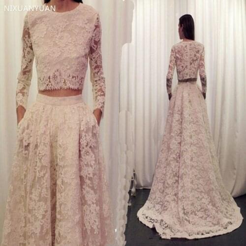 Lace Wedding Dresses A-Line 2 Pieces Formal Pageant Party Dress Court Train Illusion Bodice Wedding Gown Vestido De Festa 2021