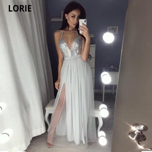 LORIE Sexy V-neck Sequin Long Prom Dresses Slit Formal Evening Gowns Tulle Evening Dress New Floor Length Custom Grey Prom Gown