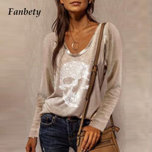 Fashion Sequins Skull Print T Shirt Streetwear Casual Spring Autumn Long Sleeve Pullover Tops Elegant Women O-Neck Tee Shirt 3XL