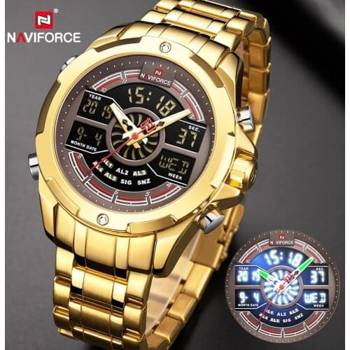 NAVIFORCE Mens Luxury Gold Watches Military Sport Creative Analog Quartz Digital Wristwatch Waterproof Chronograph Watch for Men