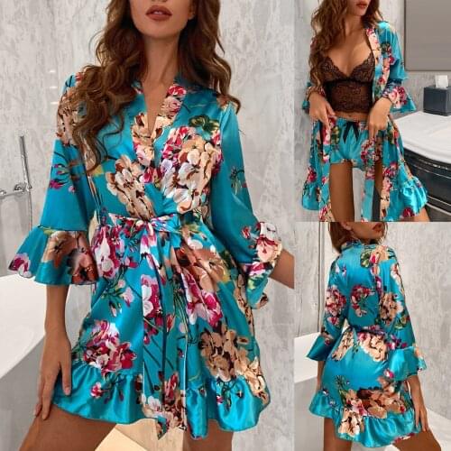 Satin Silk Pajamas Women Nightdress Lingerie Robes Underwear Sleepwear Sexy Fashion Lotus Leaf Sleeve Printed Pajamas Nightdress