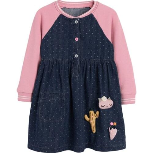 Frocks for Baby Girl Brand Autumn Clothes Animal Applique Toddler Dot Button Contrast Sleeve Fall Dress for Kids 2-7 Years