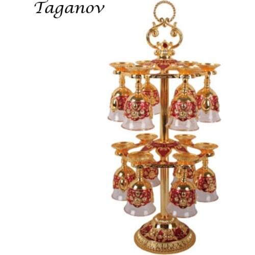 Gift wine set gold colored goblet set wine rack vintage 12 pcs glass cup Metal Holder home brew Bar Set beer shot glasses mug