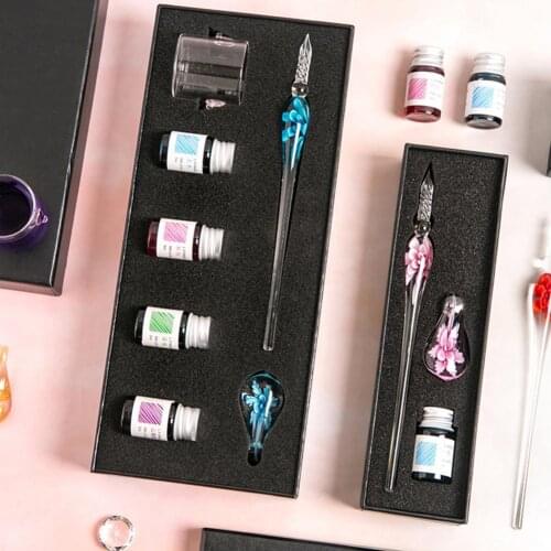Portable 1Set Fashionable Crystal Dip Pen Set Lightweight Ink Pen Threaded Nib Design for Calligraphy