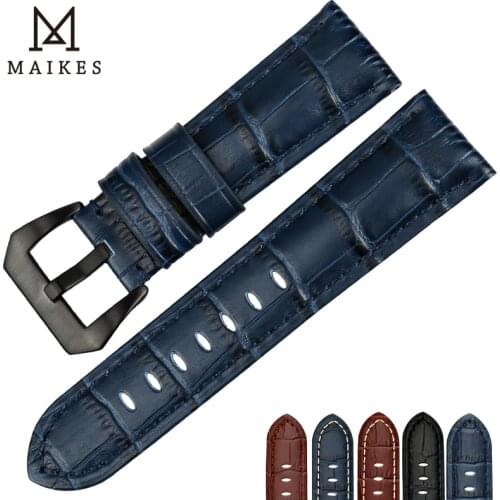 MAIKES Watch Accessories Blue Genuine Leather WristBand Black Steel Buckle 22mm - 26mm Watchband Watch Strap & Watch Band