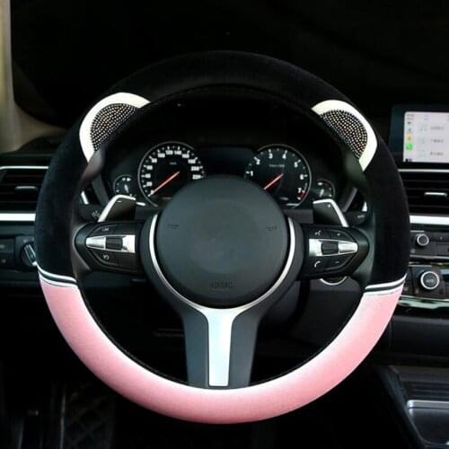Luxury Crystal Colorful Rhinestone Car Steering Wheel Covers Women Cartoon Cat Plush Car Covered Steering-Wheel Accessories