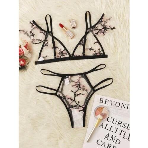 Sexy Lace Bra Set Floral Embroidery Sheer Mesh Lingerie See Through Bralette Bras Panties Women Underwear Intimates Sets