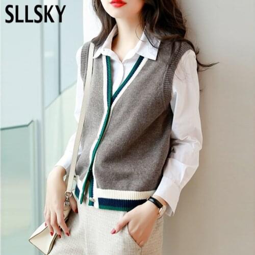 SLLSKY Patchwork Knitted Women Sweater Vest Korean Style Vintage V Neck Sleeveless Cardigans Single Breasted Woman Open Stitch