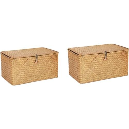 2 Pcs Handmade Straw Woven Storage Basket with Lid Makeup Organizer Storage Box Seagrass Laundry Baskets Rattan Jewelry Box, S