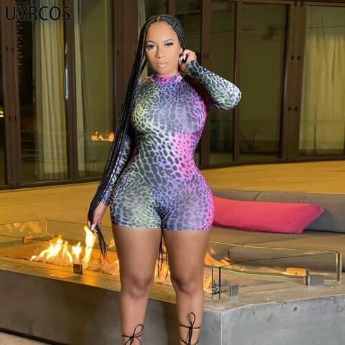 UVRCOS 2021 Fashion Womens Summer Clothing Tie Dye Cyber Y2k Hot Streetwear Leopard Printing Long Sleeve Rompers Womens Jumpsuit