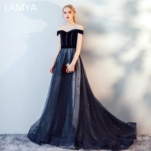 LAMYA Simple Velour Evening Dress Customized Evening Gowns Vestido De Festa with Court Train 2021 Sexy Boat Neck Formal Sequined