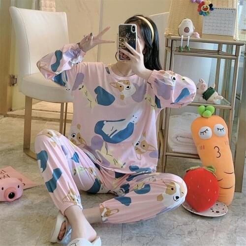 High Quality Women Pajamas Set Spring Autumn New Thin Cartoon Printed Long Sleeve Cute Sleepwear Casual Homewear Female Pyjamas